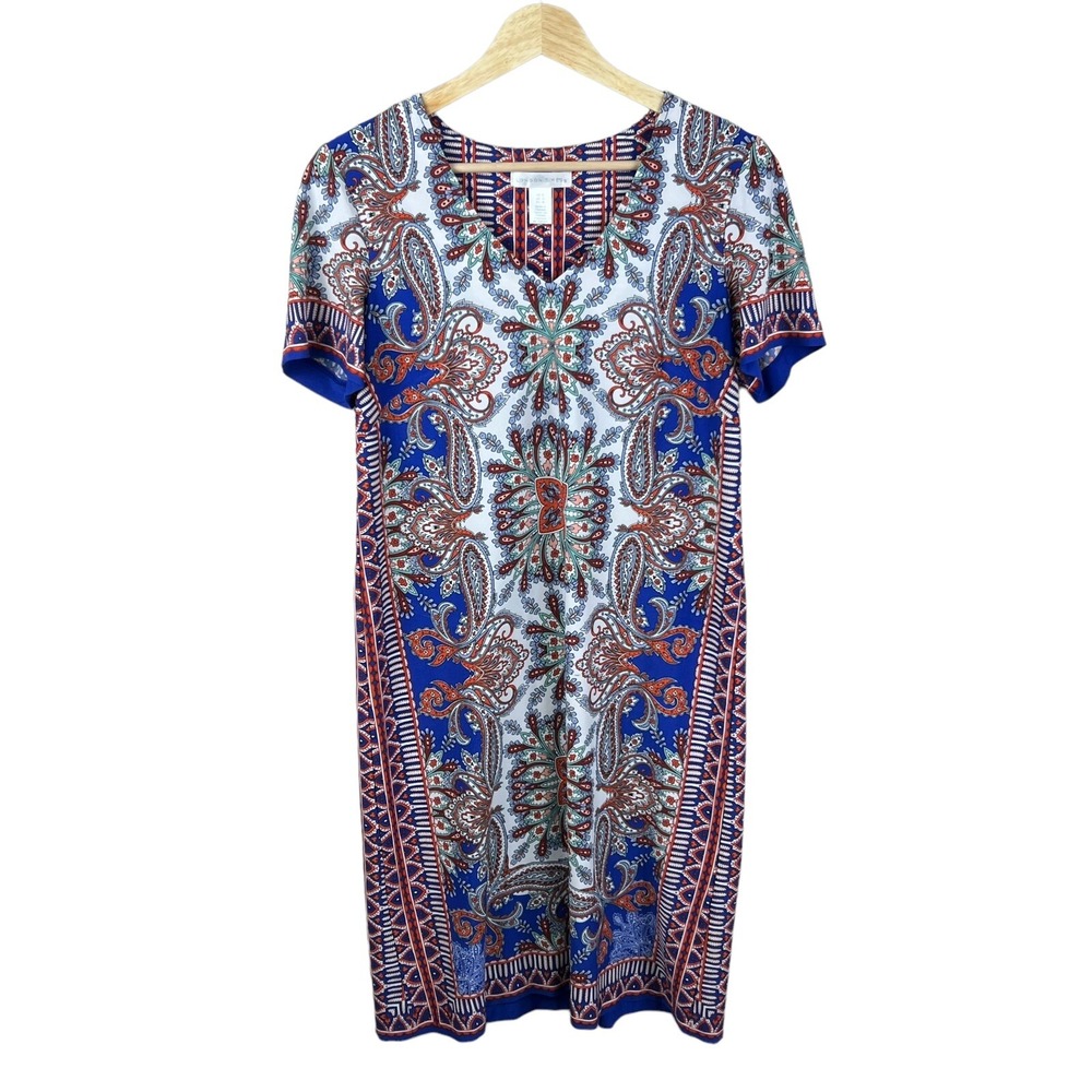 London Times Womens 6 Sheath Dress Blue Orange Paisley V-Neck Short Sleeve